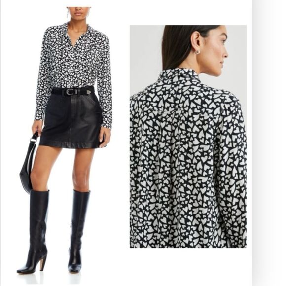Rails Kathryn Button Up Shirt Women's XS Black/White Heart Print Collared L/S - Picture 1 of 8